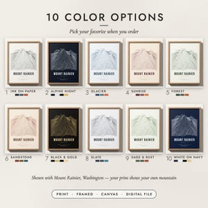 The Mountain Summit Print in all 10 color options, numbered 1 to 10 with their names