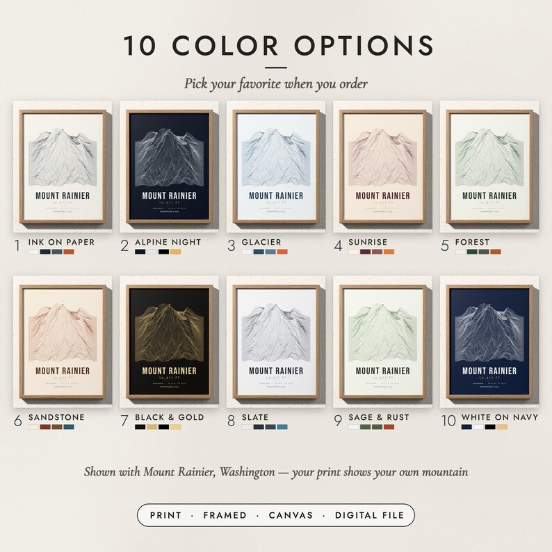 The Mountain Summit Print in all 10 color options, numbered 1 to 10 with their names