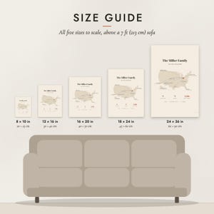 Size guide: 8×10, 12×16, 16×20, 18×24, 24×36 inch prints shown to scale above a sofa