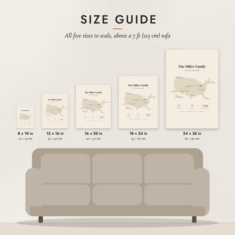 Size guide: 8×10, 12×16, 16×20, 18×24, 24×36 inch prints shown to scale above a sofa
