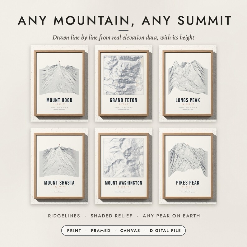 Mountain Summit Print examples for six peaks