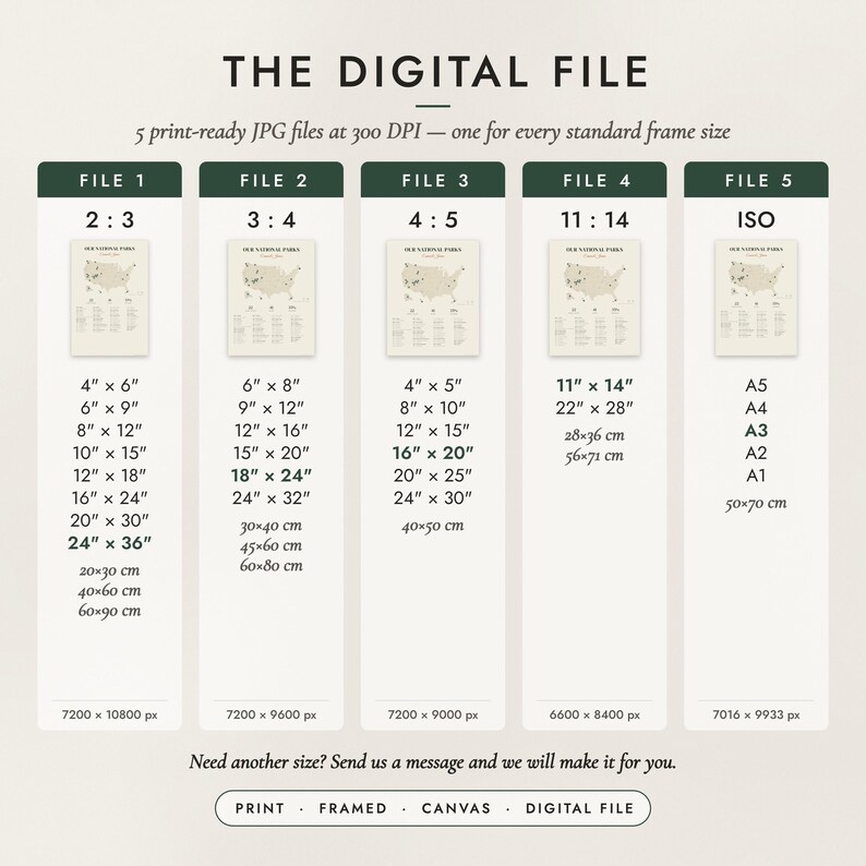 The Digital File option: five print-ready JPG files in 2:3, 3:4, 4:5, 11:14 and ISO ratios at 300 DPI