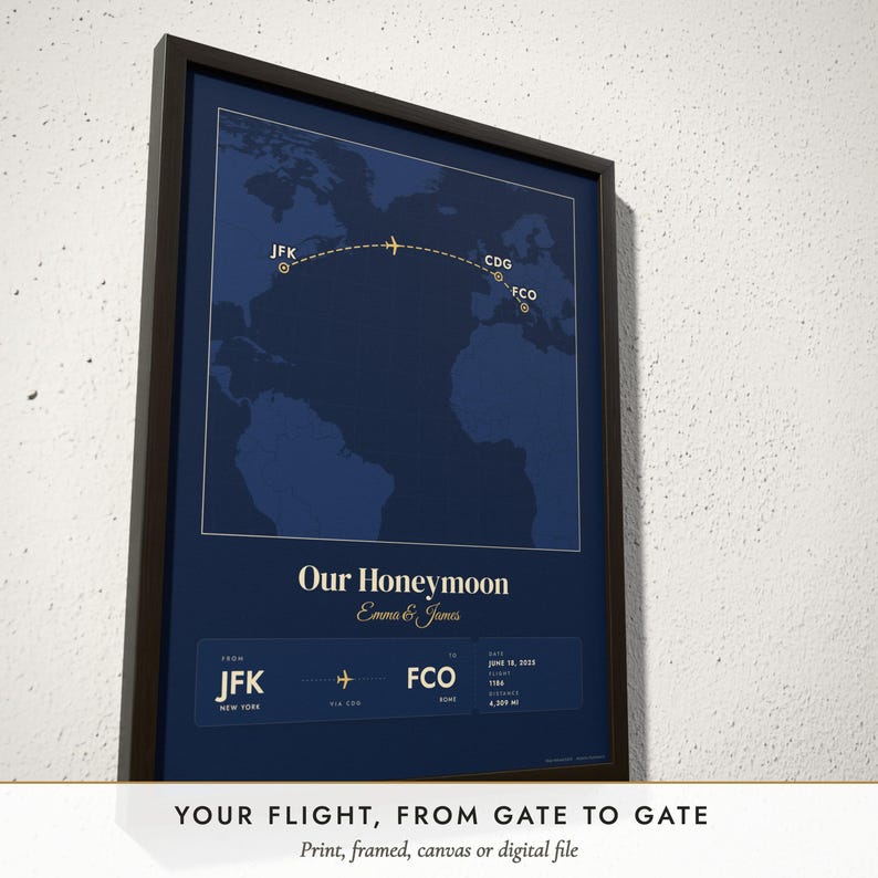 Three-quarter view of the framed Flight Path Map poster on a white plaster wall