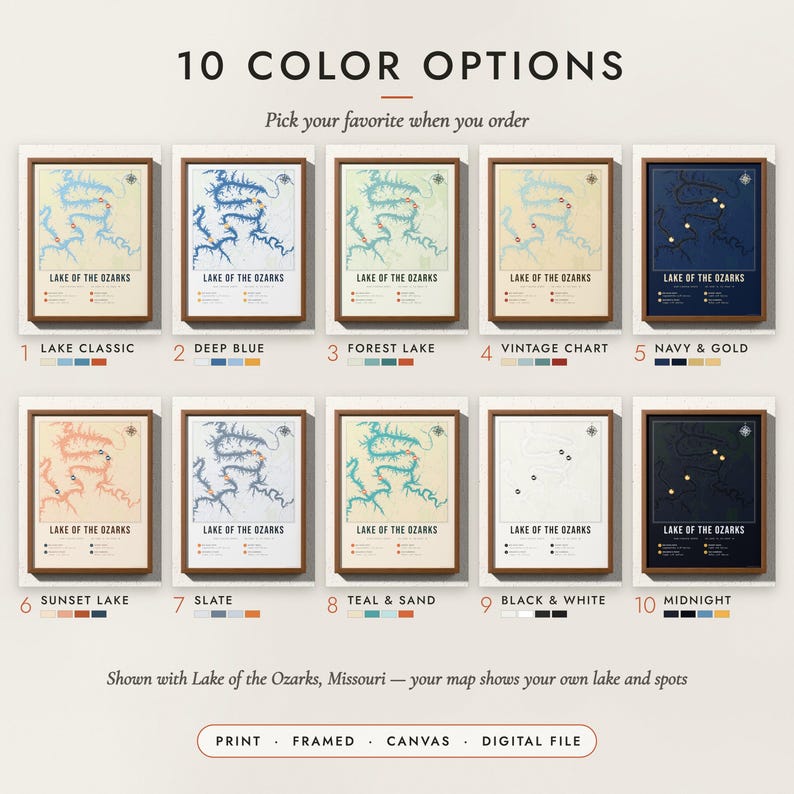 The Fishing Lake Map in all 10 color options, numbered 1 to 10 with their names