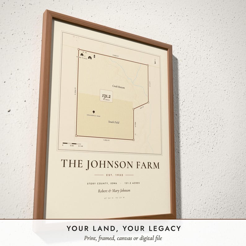 Three-quarter view of the framed Farm & Land Map poster on a white plaster wall