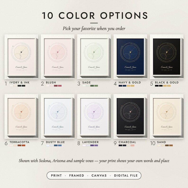 The Words & Map Print in all 10 color options, numbered 1 to 10 with their names