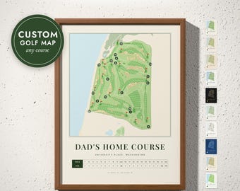 Golf Course Map with Scorecard & Hole Numbers — 10 Colors, 5 Sizes, Framed, Canvas or Digital