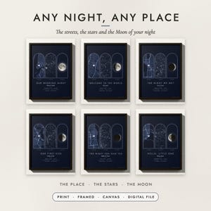 Map, Stars & Moon Print examples for six places in the United States