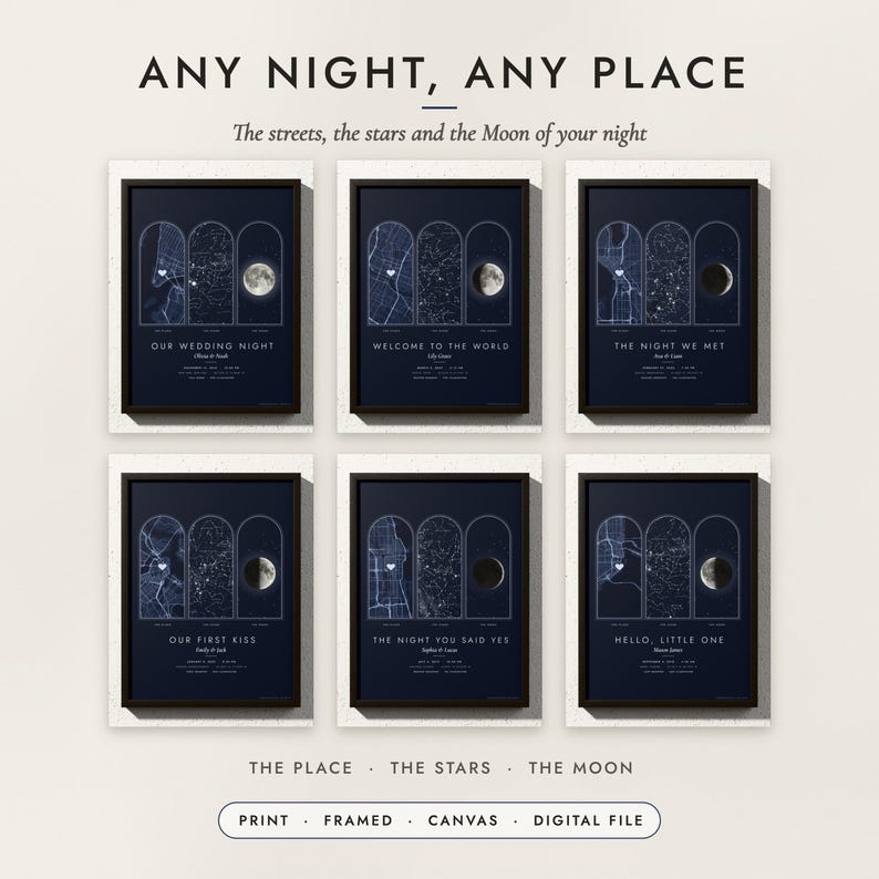 Map, Stars & Moon Print examples for six places in the United States