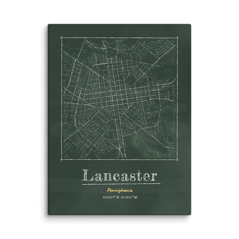 Real product photo: the Custom Chalkboard City Map Print on 1.25 in (3.2 cm) deep canvas, seen from the side