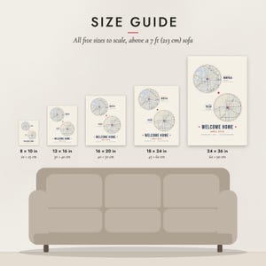 Size guide: 8×10, 12×16, 16×20, 18×24, 24×36 inch prints shown to scale above a sofa