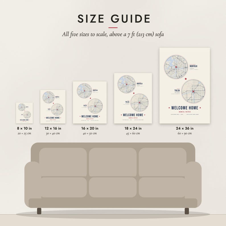 Size guide: 8×10, 12×16, 16×20, 18×24, 24×36 inch prints shown to scale above a sofa