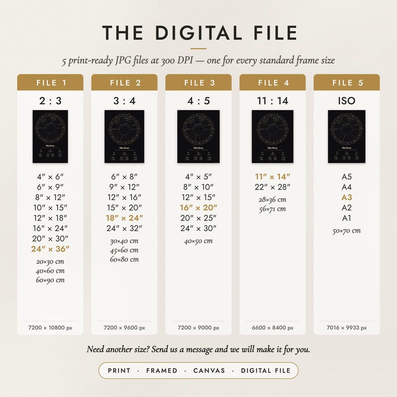 The Digital File option: five print-ready JPG files in 2:3, 3:4, 4:5, 11:14 and ISO ratios at 300 DPI