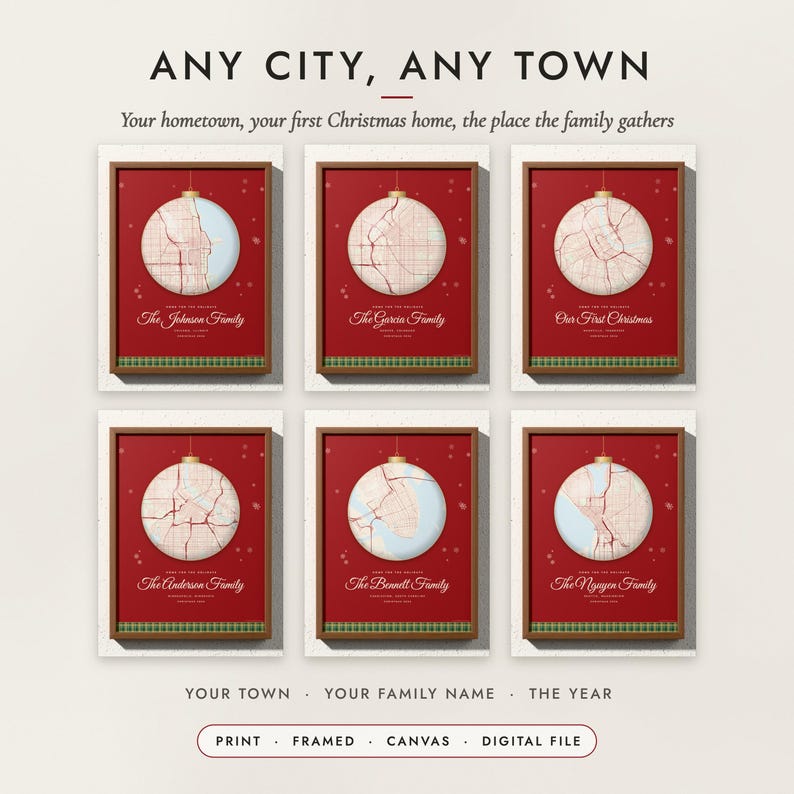 Christmas Hometown Map examples for six places in the United States
