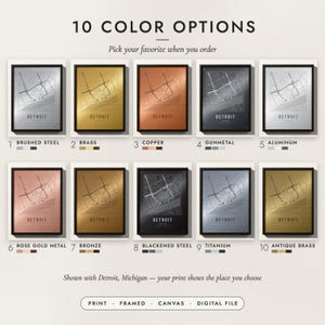 The Etched Metal City Map in all 10 color options, numbered 1 to 10 with their names
