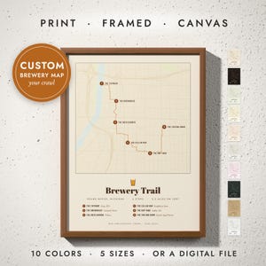 Brewery Trail Map print in a walnut frame on a white wall — print, framed, canvas or digital file, 10 colors, 5 sizes