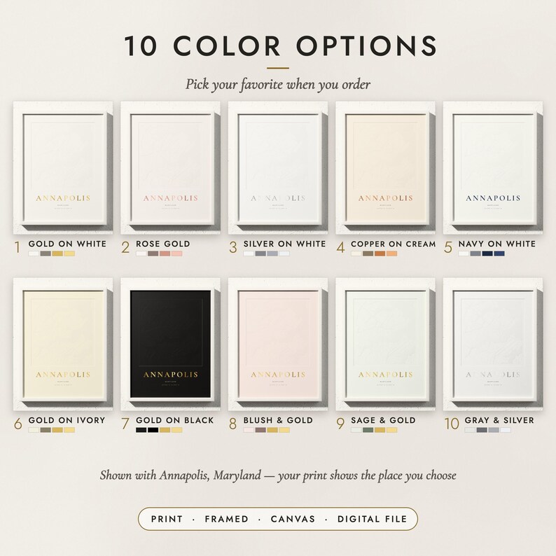 The Embossed City Map in all 10 color options, numbered 1 to 10 with their names
