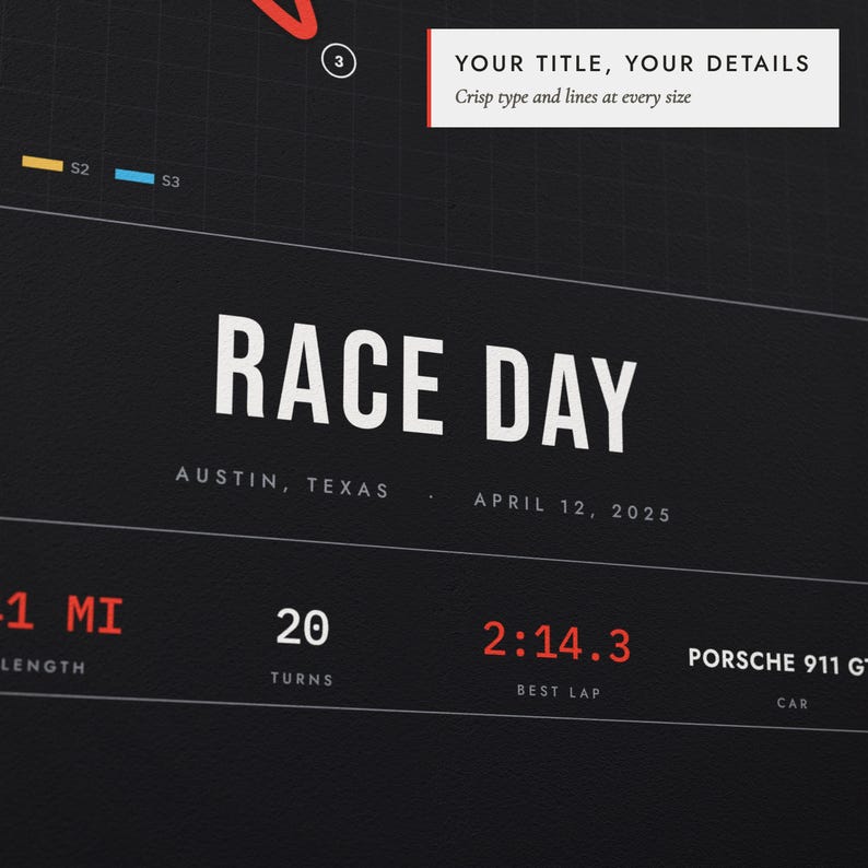 Close-up of the personalized title and details on the Race Track Map print