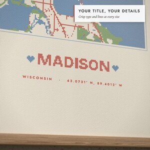 Close-up of the personalized title and details on the Cross-Stitch City Map print