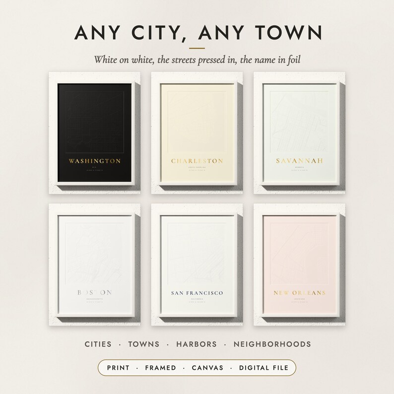 Embossed Look City Map examples for six cities
