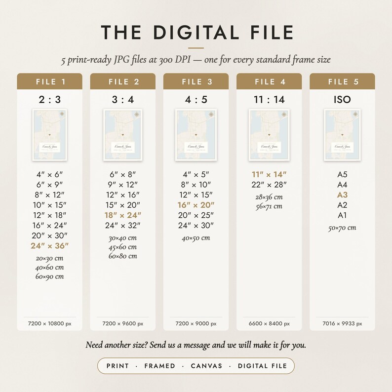The Digital File option: five print-ready JPG files in 2:3, 3:4, 4:5, 11:14 and ISO ratios at 300 DPI