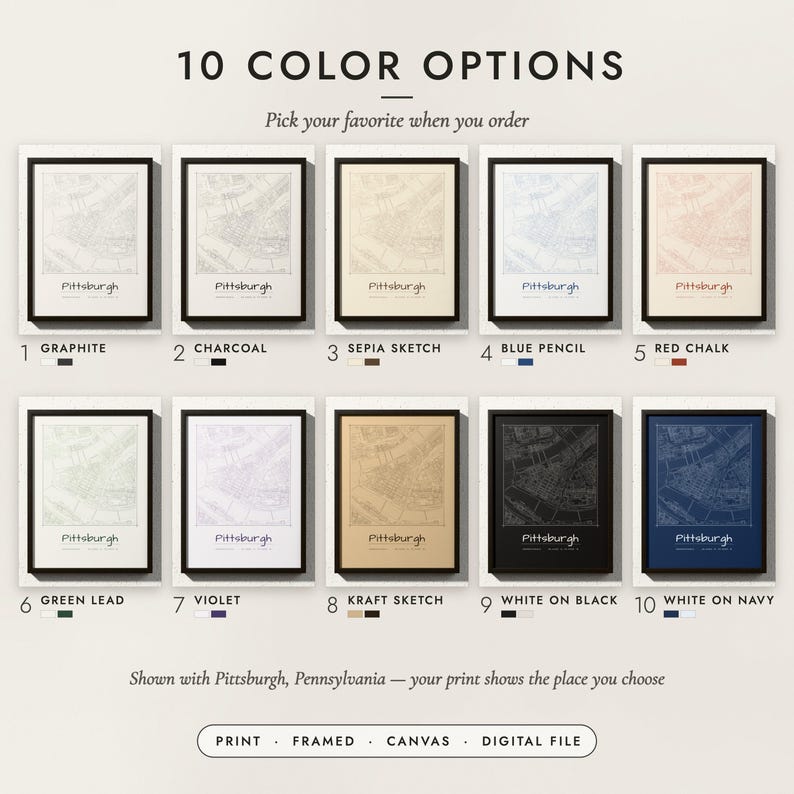 The Pencil Sketch City Map in all 10 color options, numbered 1 to 10 with their names