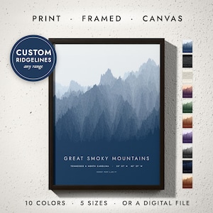 Ridgeline Mountain Map print in a black frame on a white wall — print, framed, canvas or digital file, 10 colors, 5 sizes