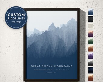 Custom Mountain Range Ridgeline Print, Layered Mountain Wall Art, Any Range, Hiker Gift, Minimalist Mountain Poster, Framed or Canvas Print