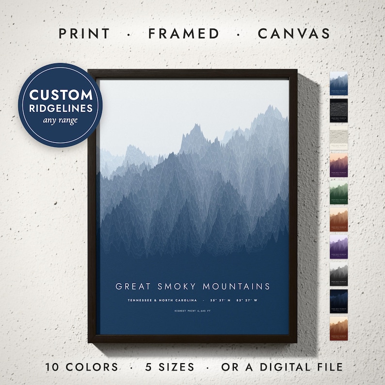 Ridgeline Mountain Map print in a black frame on a white wall — print, framed, canvas or digital file, 10 colors, 5 sizes