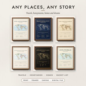 Antique World Map examples for six travel stories