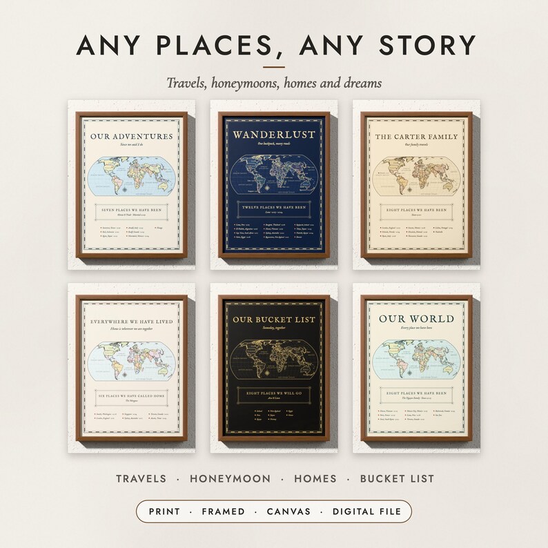 Antique World Map examples for six travel stories