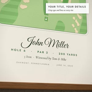 Close-up of the personalized title and details on the Hole-In-One Print
