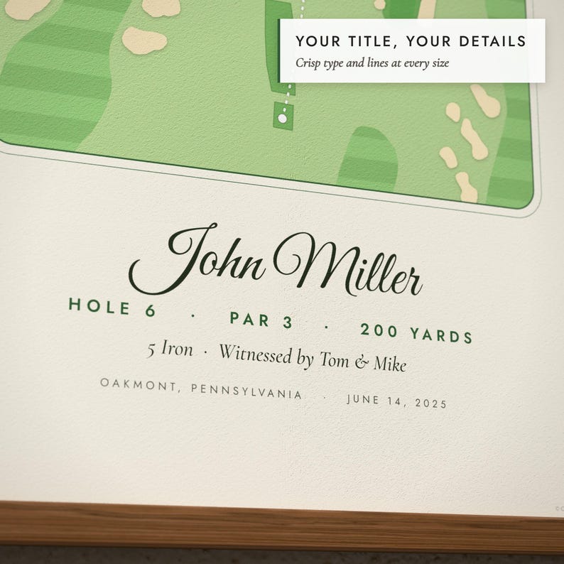 Close-up of the personalized title and details on the Hole-In-One Print