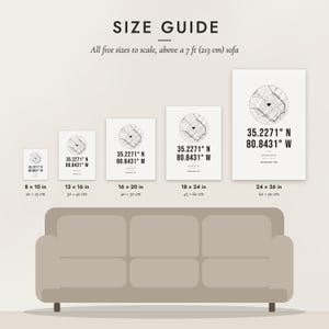 Size guide: 8×10, 12×16, 16×20, 18×24, 24×36 inch prints shown to scale above a sofa