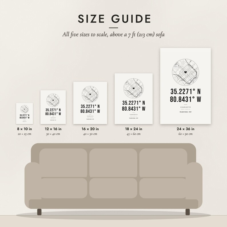 Size guide: 8×10, 12×16, 16×20, 18×24, 24×36 inch prints shown to scale above a sofa