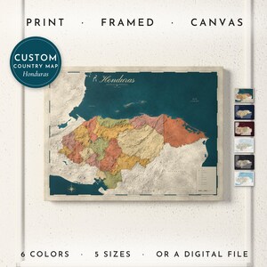 Honduras Map Print, Personalized Honduras Wall Art for Canvas or Poster, Detailed Map with Cities, Honduran Gift, Framed, Canvas or Digital