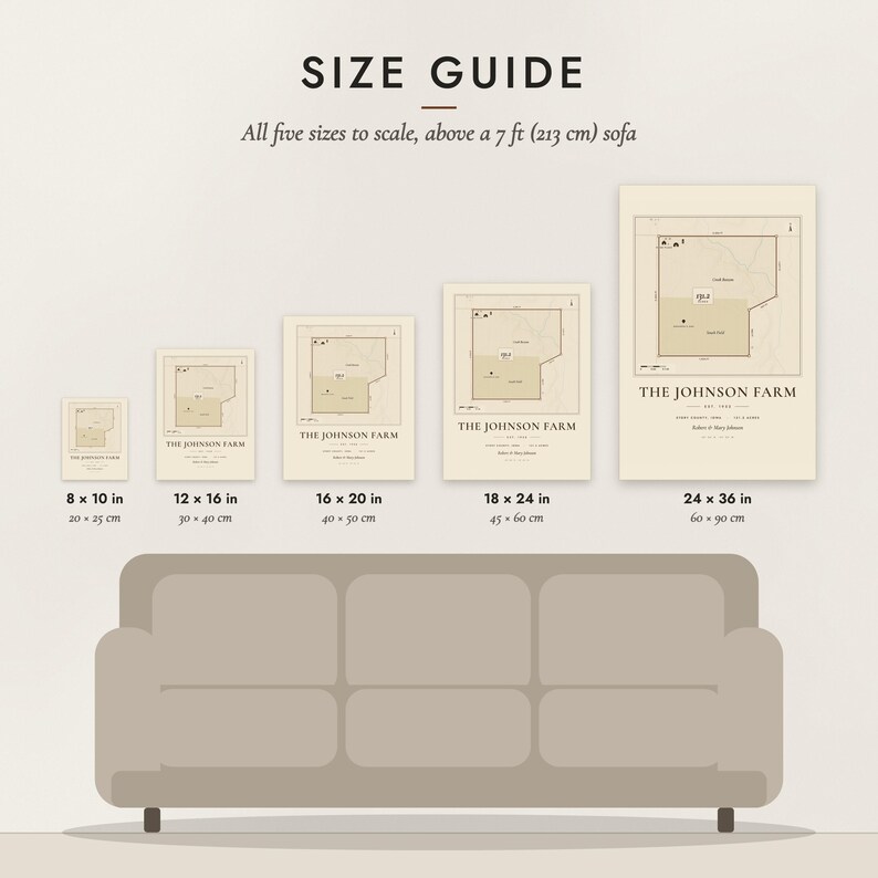 Size guide: 8×10, 12×16, 16×20, 18×24, 24×36 inch prints shown to scale above a sofa