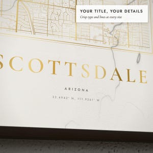 Close-up of the personalized title and details on the Marble & Gold City Map print