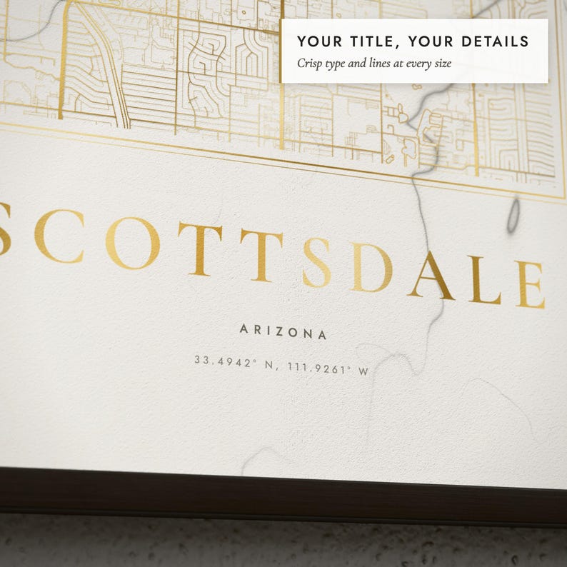 Close-up of the personalized title and details on the Marble & Gold City Map print