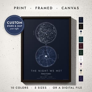 Sky & City Map print in a black frame on a white wall — print, framed, canvas or digital file, 10 colors, 5 sizes