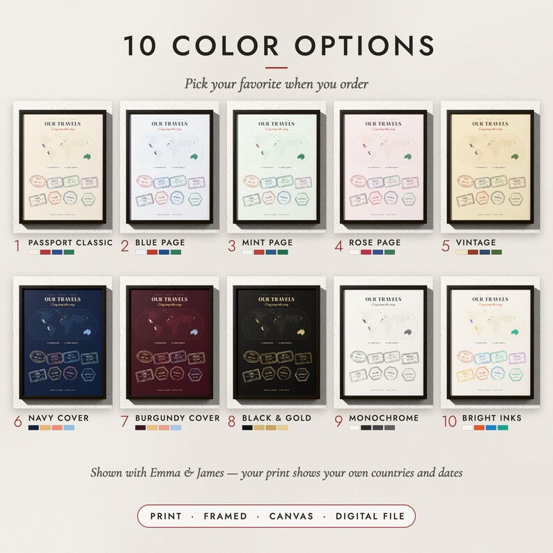 The Passport Stamp Map in all 10 color options, numbered 1 to 10 with their names