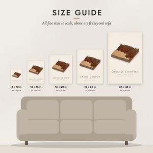 Size guide: 8×10, 12×16, 16×20, 18×24, 24×36 inch prints shown to scale above a sofa