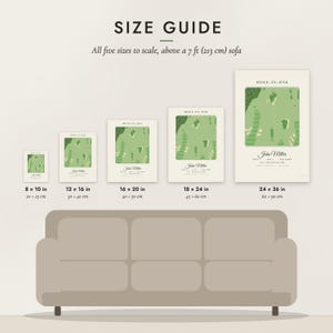 Size guide: 8×10, 12×16, 16×20, 18×24, 24×36 inch prints shown to scale above a sofa