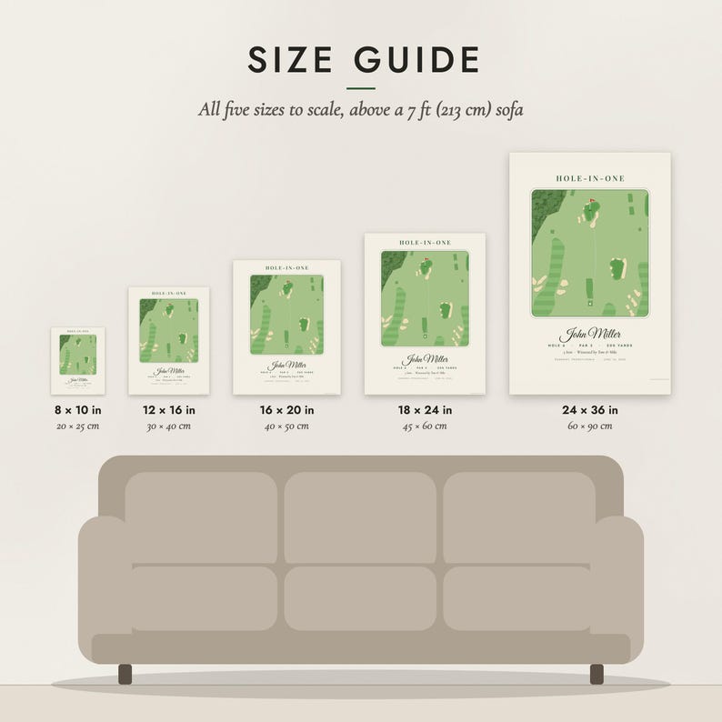 Size guide: 8×10, 12×16, 16×20, 18×24, 24×36 inch prints shown to scale above a sofa