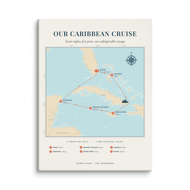 Real product photo: the Custom Cruise Map Print on 1.25 in (3.2 cm) deep canvas, seen from the side