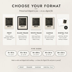 The formats to choose from: matte paper print, black frame, white frame, canvas and the digital file, with the five sizes