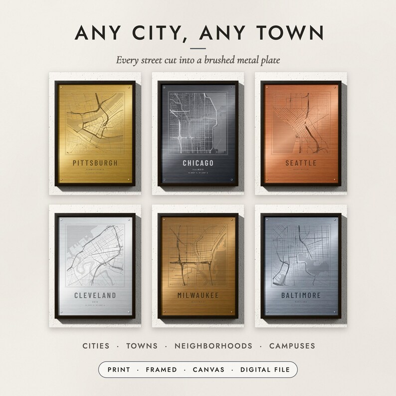 Etched Metal City Map examples for six cities