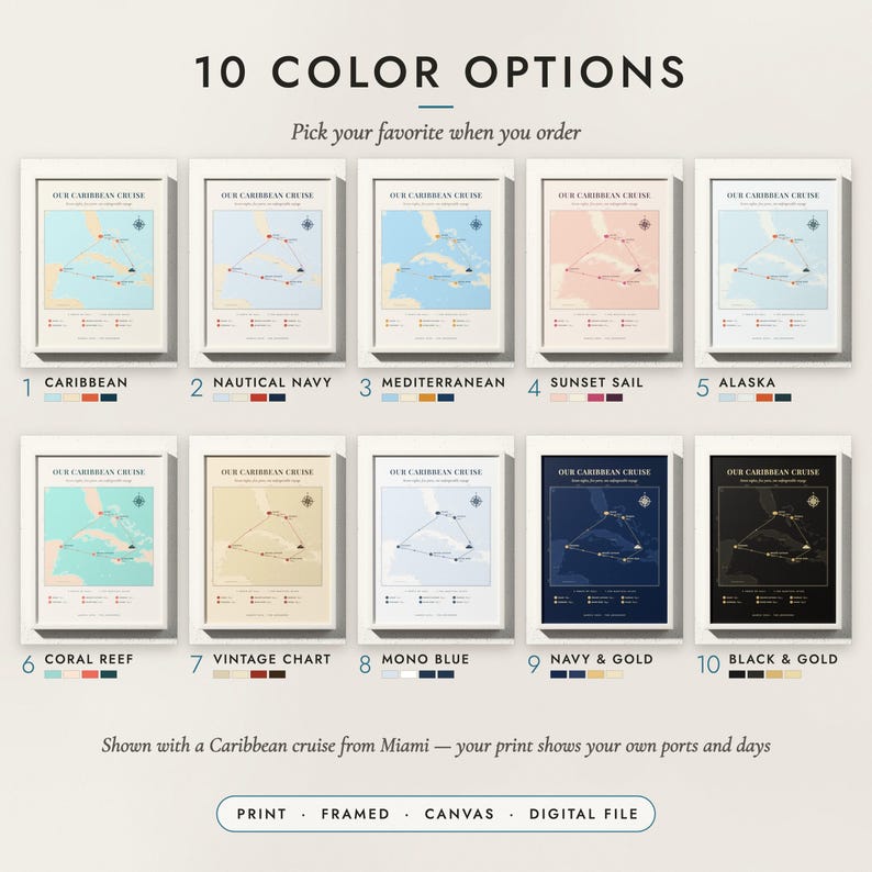 The Cruise Route Map in all 10 color options, numbered 1 to 10 with their names