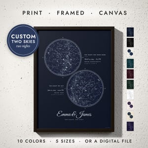 Two Skies Star Map print in a black frame on a white wall — print, framed, canvas or digital file, 10 colors, 5 sizes