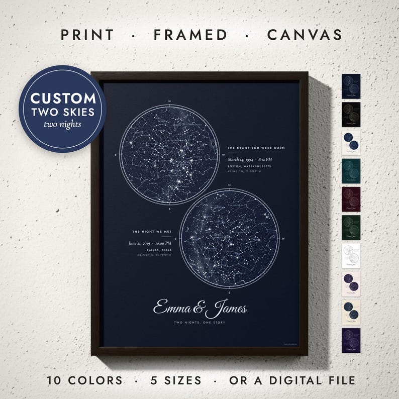 Two Skies Star Map print in a black frame on a white wall — print, framed, canvas or digital file, 10 colors, 5 sizes